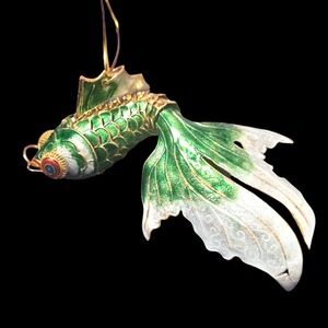 Beautiful Cloisonné Beta Fish Pendant 4.5‎ Inch Articulated Green Gold Vtg